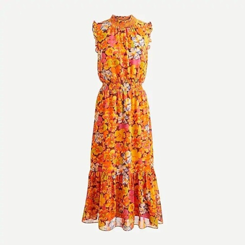 J Crew Smocked-Waist Dress Floral Item AR653 Sz Tall Large Modern Bohemian